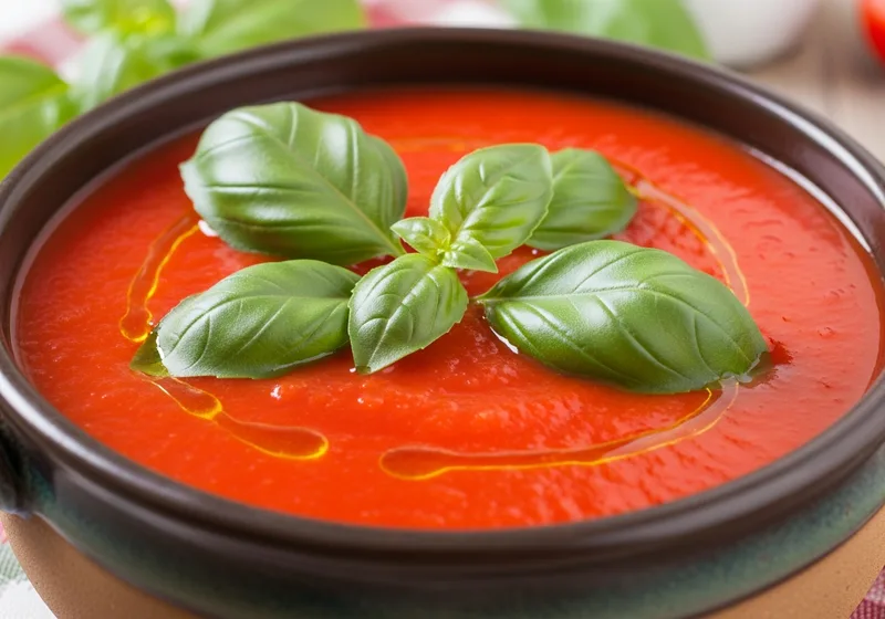 Würzige mediterrane Tomatensuppe mit frischem Basilikum und Olivenöl-Drizzle