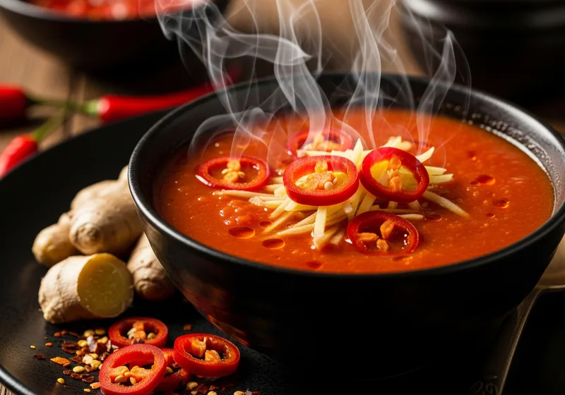 Pikante Tomatensuppe mit roten Chili-Ringen und frischem Ingwer, dampfend heiß